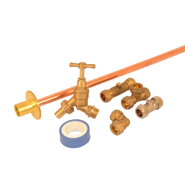 Plumbright Outside Garden Tap Pack 15mm, with Hose Union 15mmx1/2" & Hose Union Backplate with Copper Tail 401029