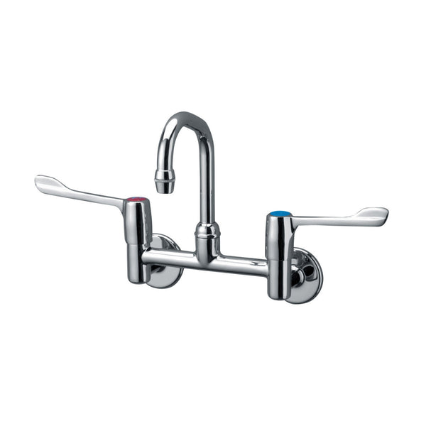 Armitage Shanks Markwik " wall mounted mixer with 150mm levers, concealed inlets with 125mm projection single flow swivel spout and brass flow guide. S8210AA