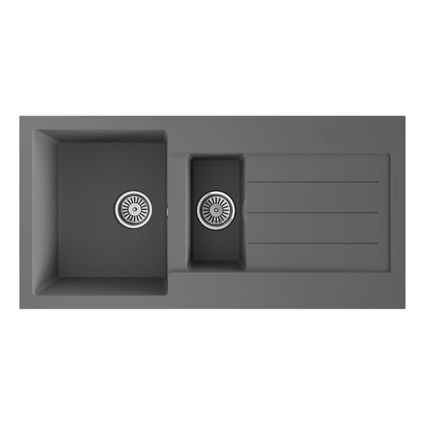 Ceki Grey Comite 1.5 Bowl Kitchen Sink and Drainer 1000 x 500mm Left or Right Handed Supplied with Chrome Basket Strainer Wastes